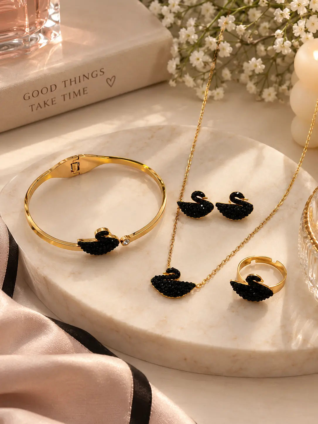 Black swan stainless steel necklace bracelet ring and earrings jewellery set by Zewaratwali