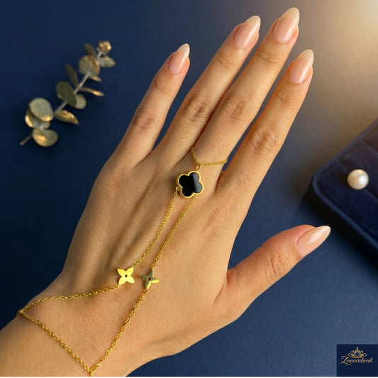 Zewaratwali Anti Tarnish Black Clover Hand Chain Ring Bracelet