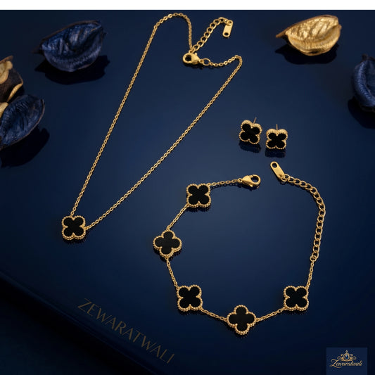 Zewaratwali Anti Tarnish Black Clover Jewelry Set