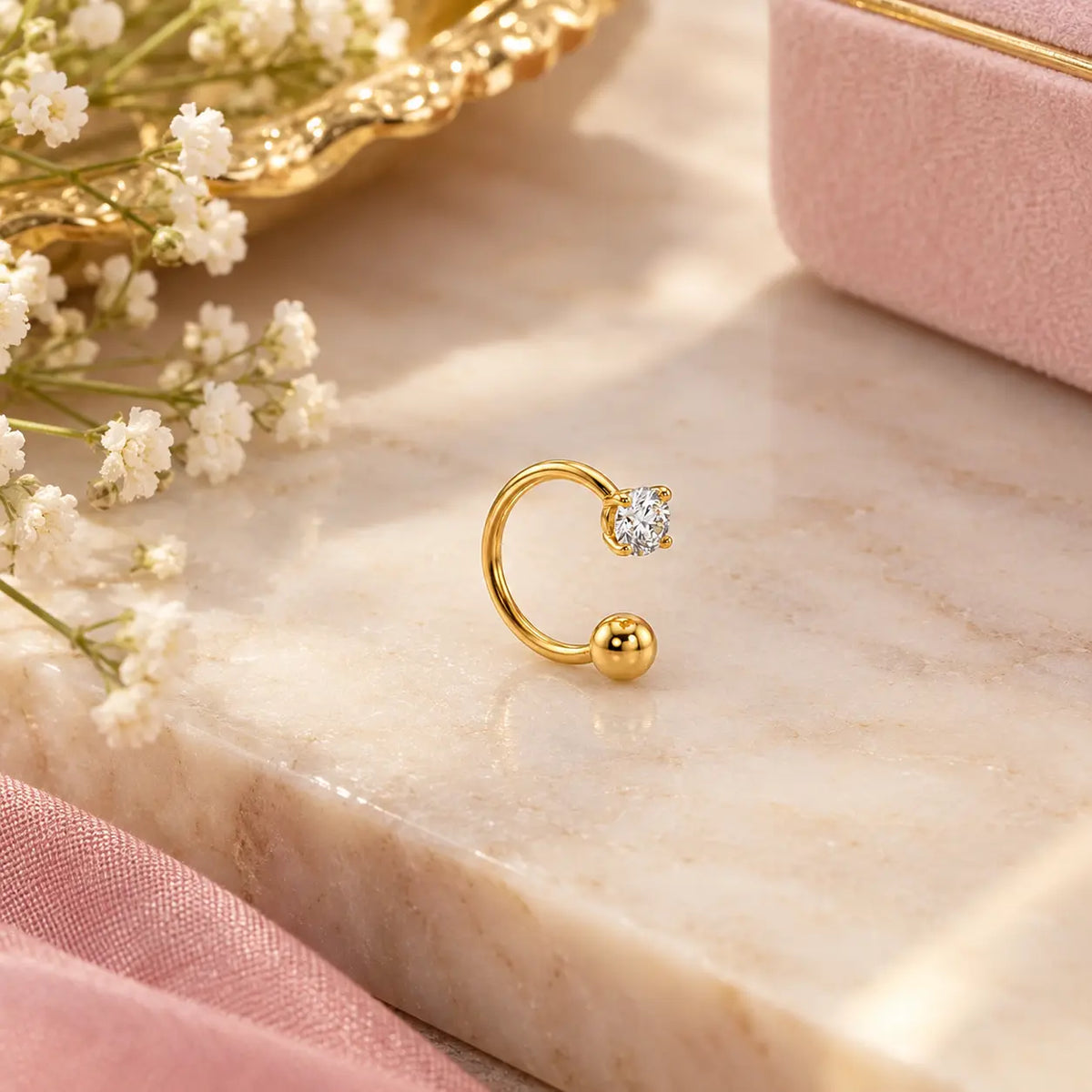 Gold crystal open stainless steel nose ring by Zewaratwali
