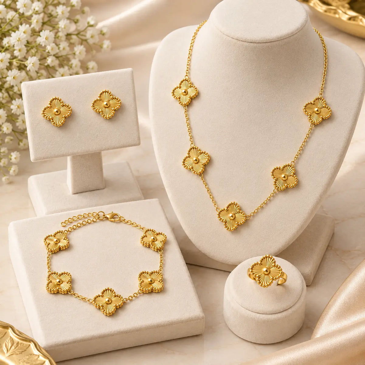 Gold jewelry set displayed on cream jewelry stands, including a necklace, bracelet, earrings, and ring, each featuring textured clover motifs with small pearl-like centers, arranged on a warm beige fabric surface with white flowers in the background.