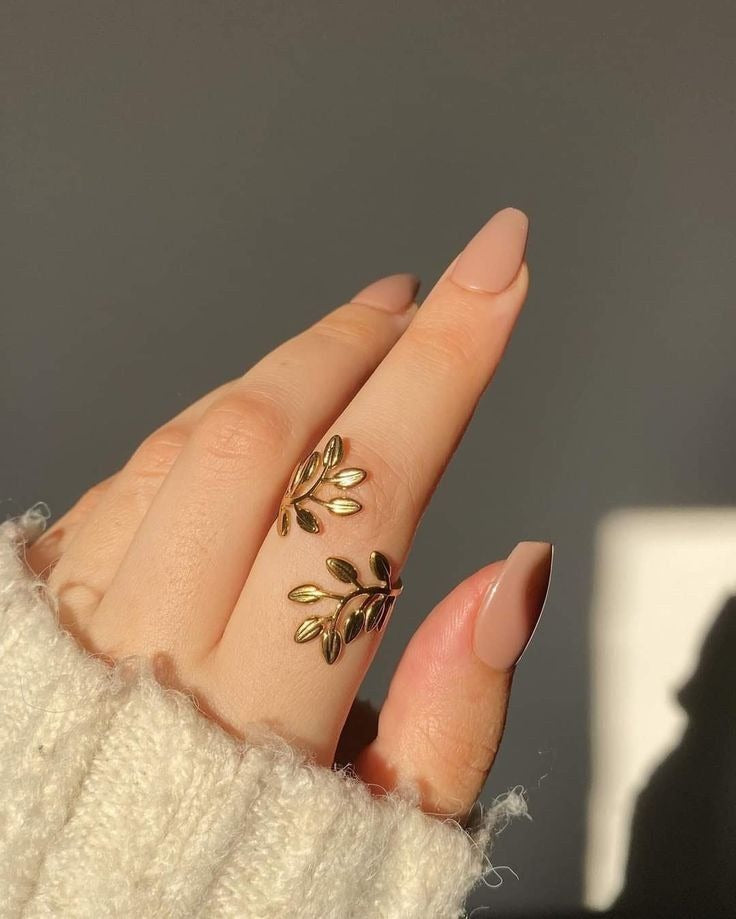 Stainless Steel Golden Leaf Open Ring for Women