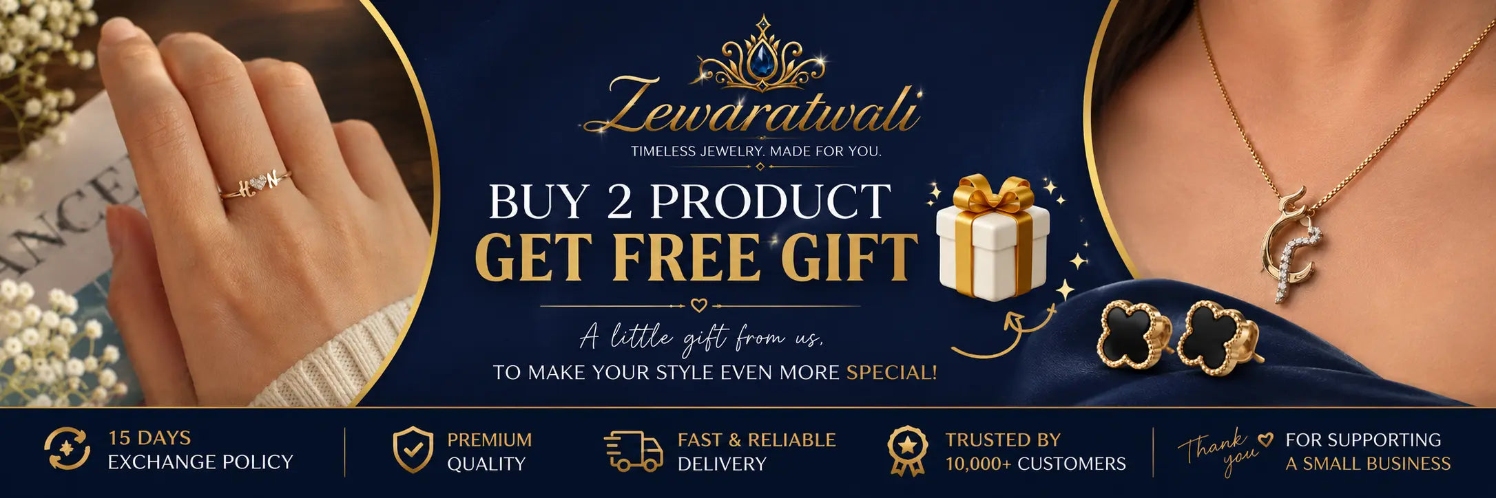 Zewaratwali jewelry banner featuring a Buy 2 Products Get Free Gift offer, 15-day exchange policy, premium jewelry, and elegant gold jewelry designs.