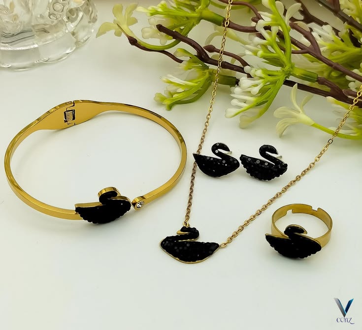 Black Swan Jewellery Set | Stainless Steel Necklace, Bracelet, Ring & Earrings