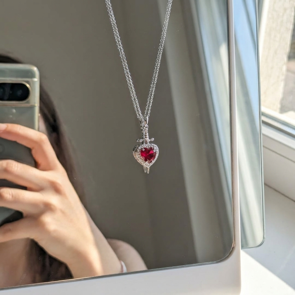 Ruby Heart Dagger Necklace – Stainless Steel Anti-Tarnish Pendant