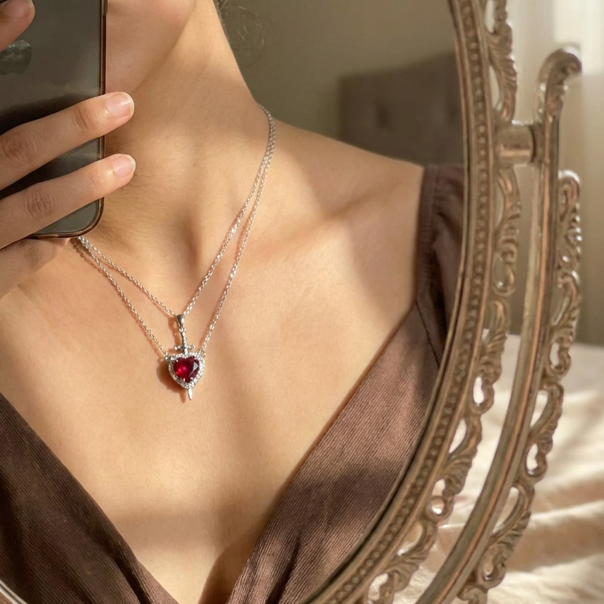 Ruby Heart Dagger Necklace – Stainless Steel Anti-Tarnish Pendant