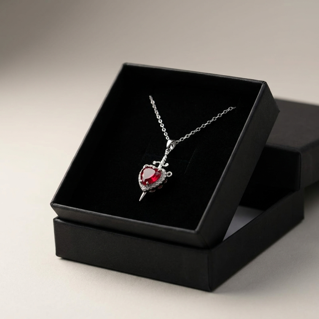 Ruby Heart Dagger Necklace – Stainless Steel Anti-Tarnish Pendant