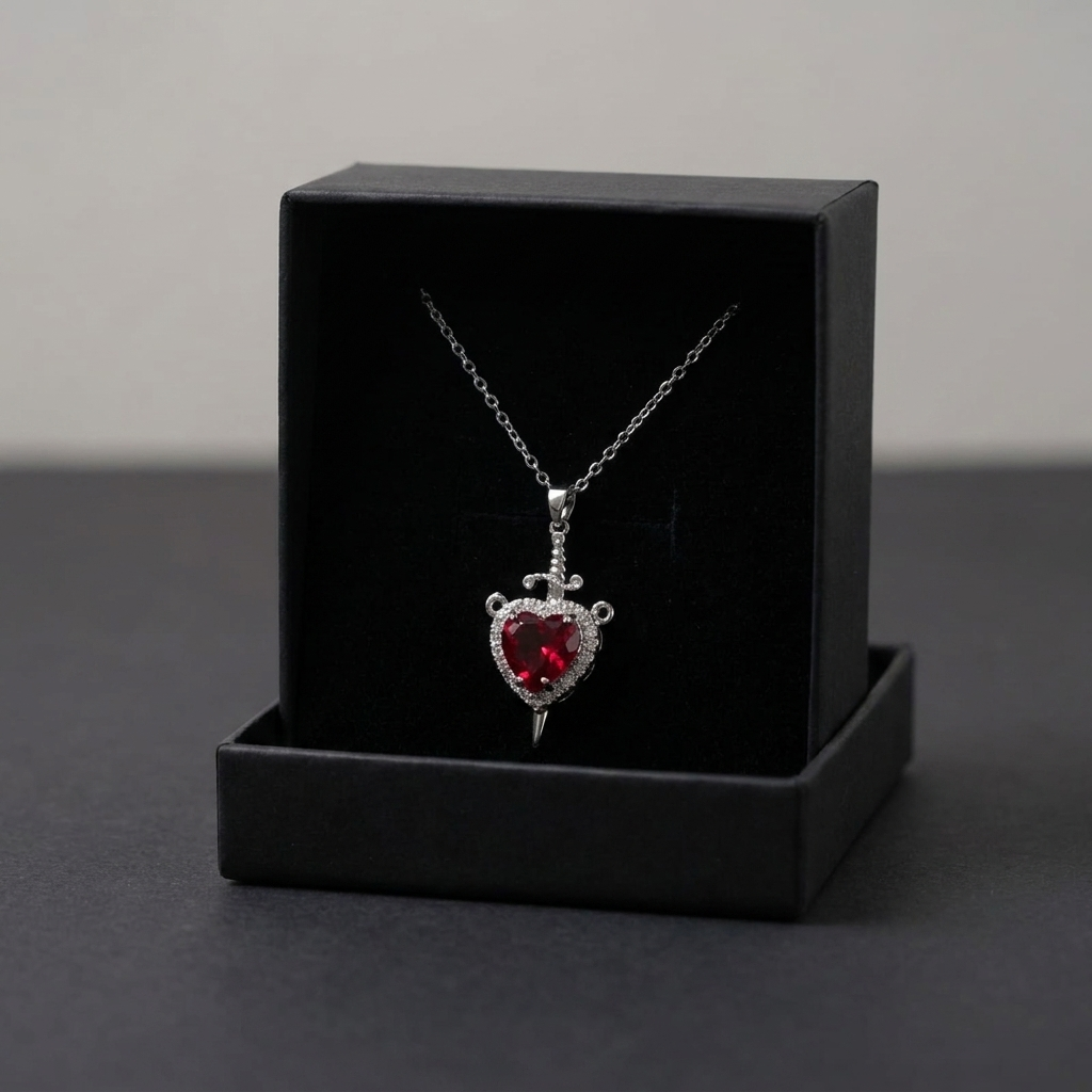 Ruby Heart Dagger Necklace – Stainless Steel Anti-Tarnish Pendant